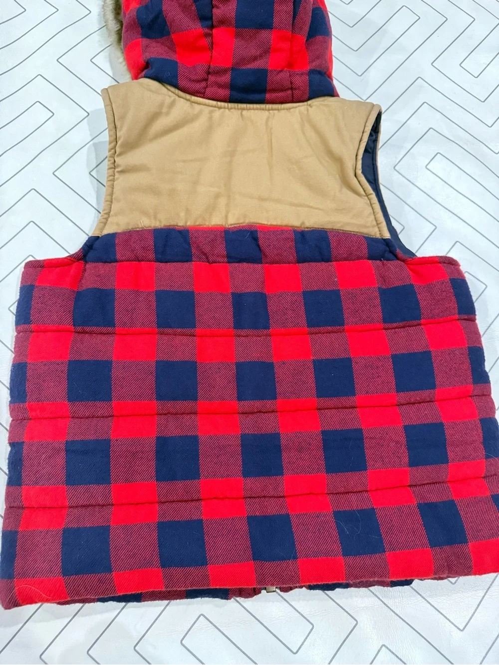 Hana Andersson Navy and Red Plaid Hooded Vest